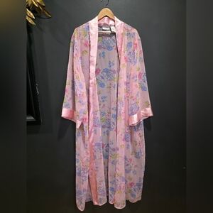 Jaclyn Smith Sleepwear pink floral sheer chiffon kimono robe with satin trim 4X